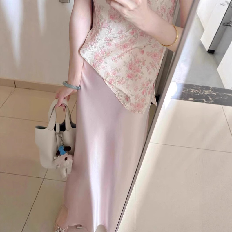 新しい中国風のスーツ、ピンクのノースリーブ花柄トップ、サテンスカート、スリムで美しいツーピースセット、軽くて大人のスタイル|undefined