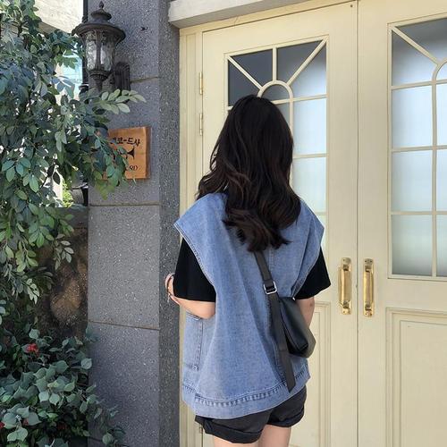 Women's Short denim vest, Korean style, spring jacket, sleeveless, loose, trendy, backless