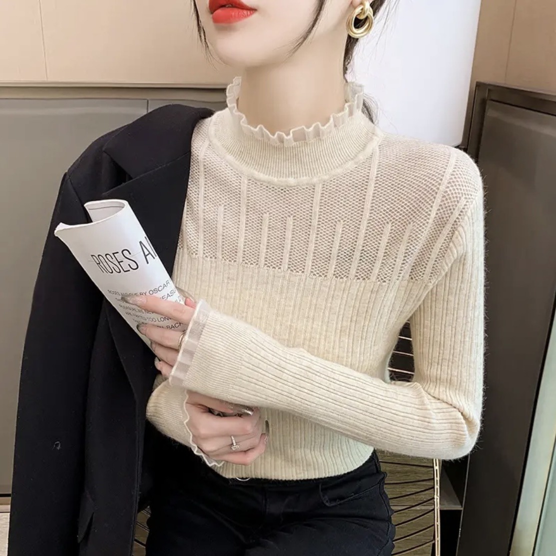 2023 otoño e invierno nuevas mujeres slim fit encaje hueco suéter interior medio cuello alto camisa de fondo para mujeres image 4