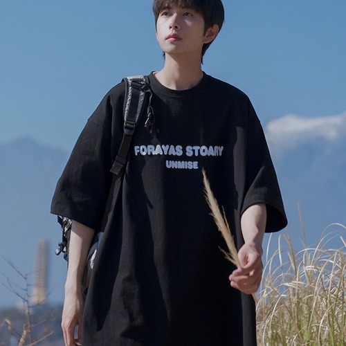 Cross-border Instagram short-sleeve t-shirt for men, Hong Kong-style printed round neck t-shirt, Hong Kong-style simple and versatile streetwear brand, five-point upper garment