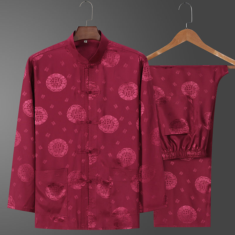 Viejo traje de Tang hombres de seda de hielo de manga larga Verano de mediana edad y ancianos cumpleaños abuelo desgaste estilo chino papá primavera y otoño traje