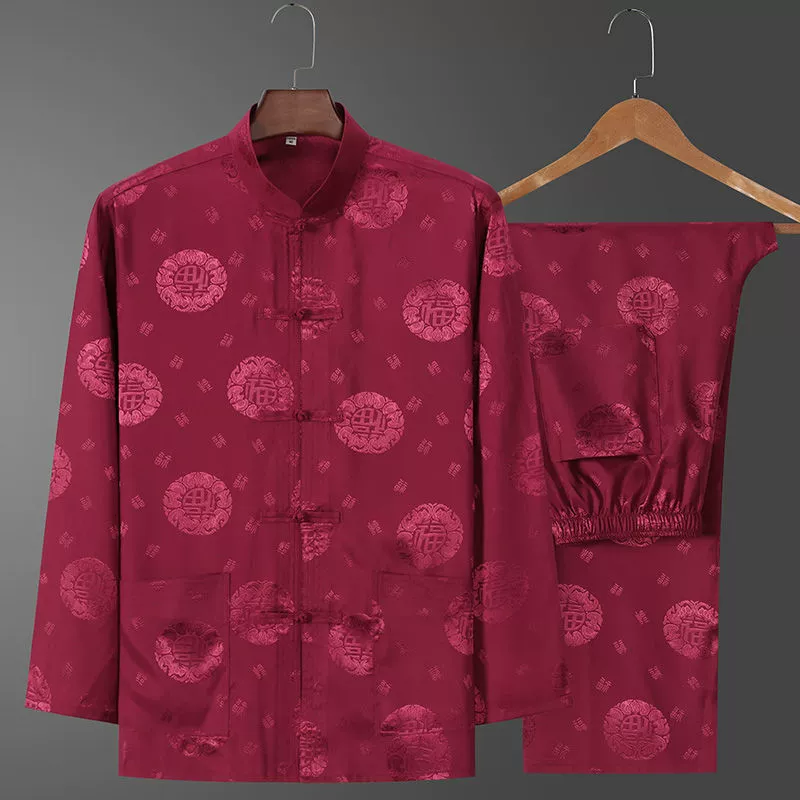 Костюм старика Тан, мужской ледяной Шелковый костюм с длинным рукавом, летний костюм дедушки на день рождения для людей среднего и пожилого возраста, костюм для папы в китайском стиле, весенне-осенний костюм