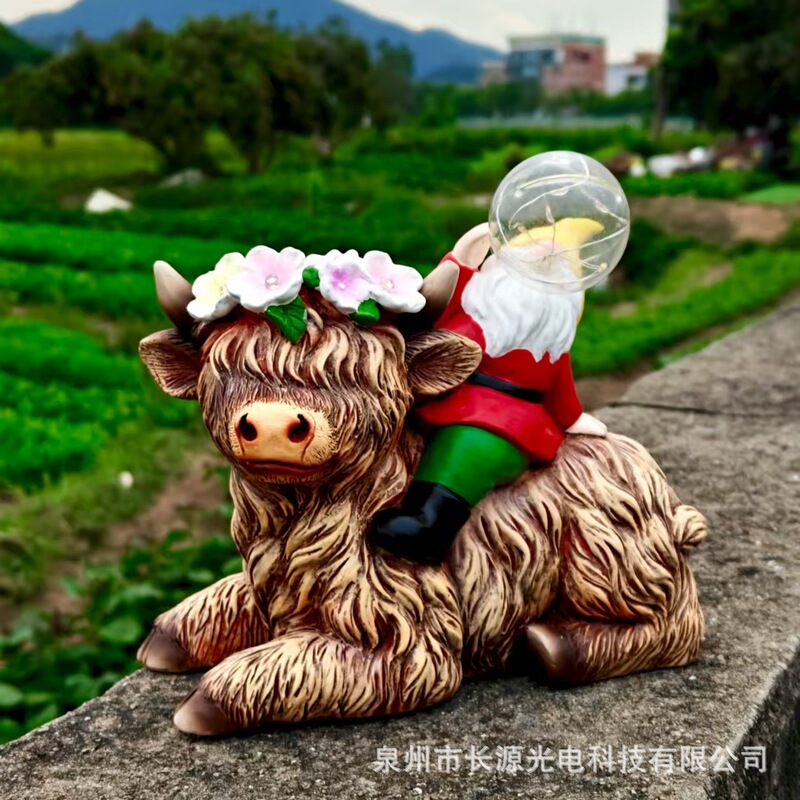 跨境新款太阳能小矮人骑高山牛摆件户外花园庭院树脂发光草坪装饰|undefined