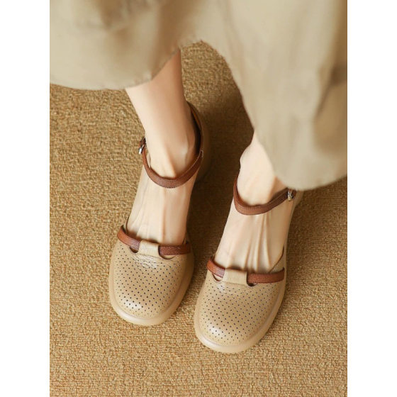 Summer Hollow Toe Sandals Women's Vintage Genuine Leather Hollow Hole Single-layer Shoes Color Block Soft Leather Thick-soled Roman Women's Shoes
