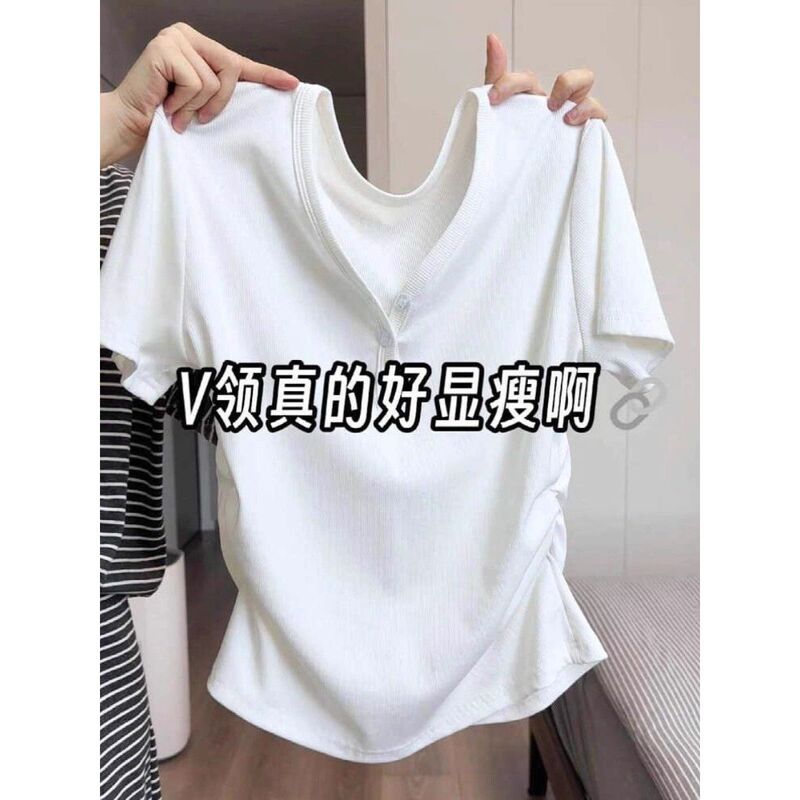 New Style Ribbed Irregular Shoulder Short-Sleeve T-Shirt for Women, Summer V-Neck Top, Slimming, Waist-Cinching, Unique and Distinctive