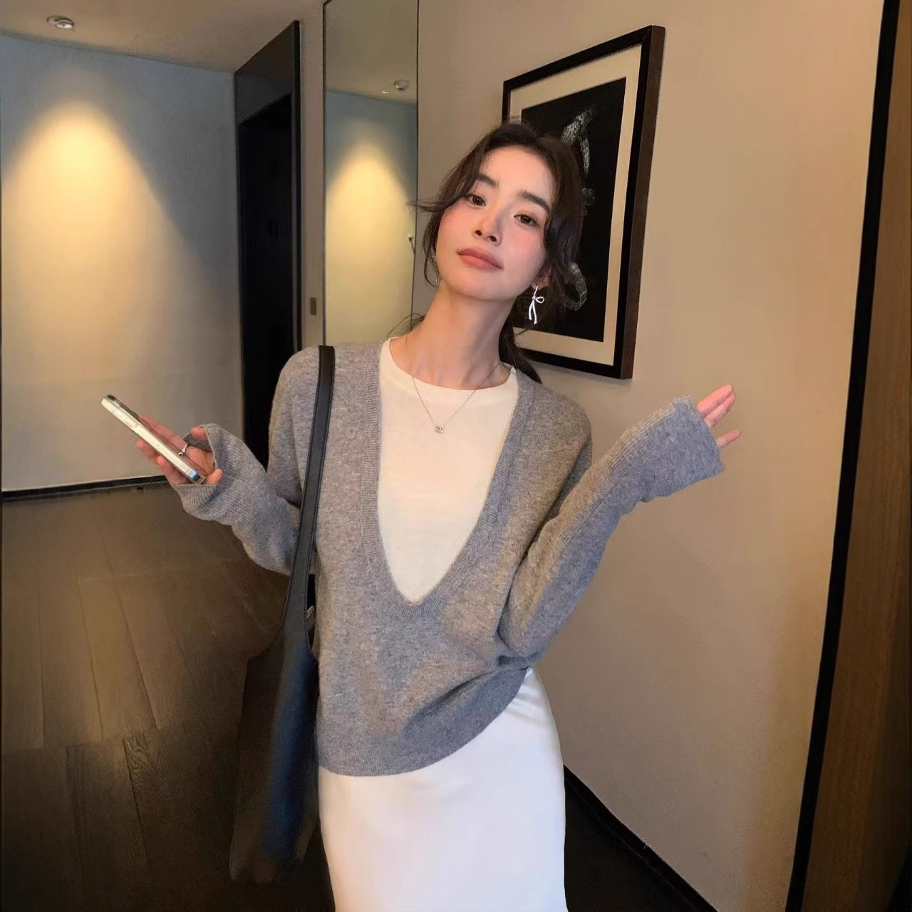 Korean Style Fake Two-Piece Design Knitted Sweater Pure Wool Women's Spring High-Waist Slim Long-Sleeved Bottoming Top
