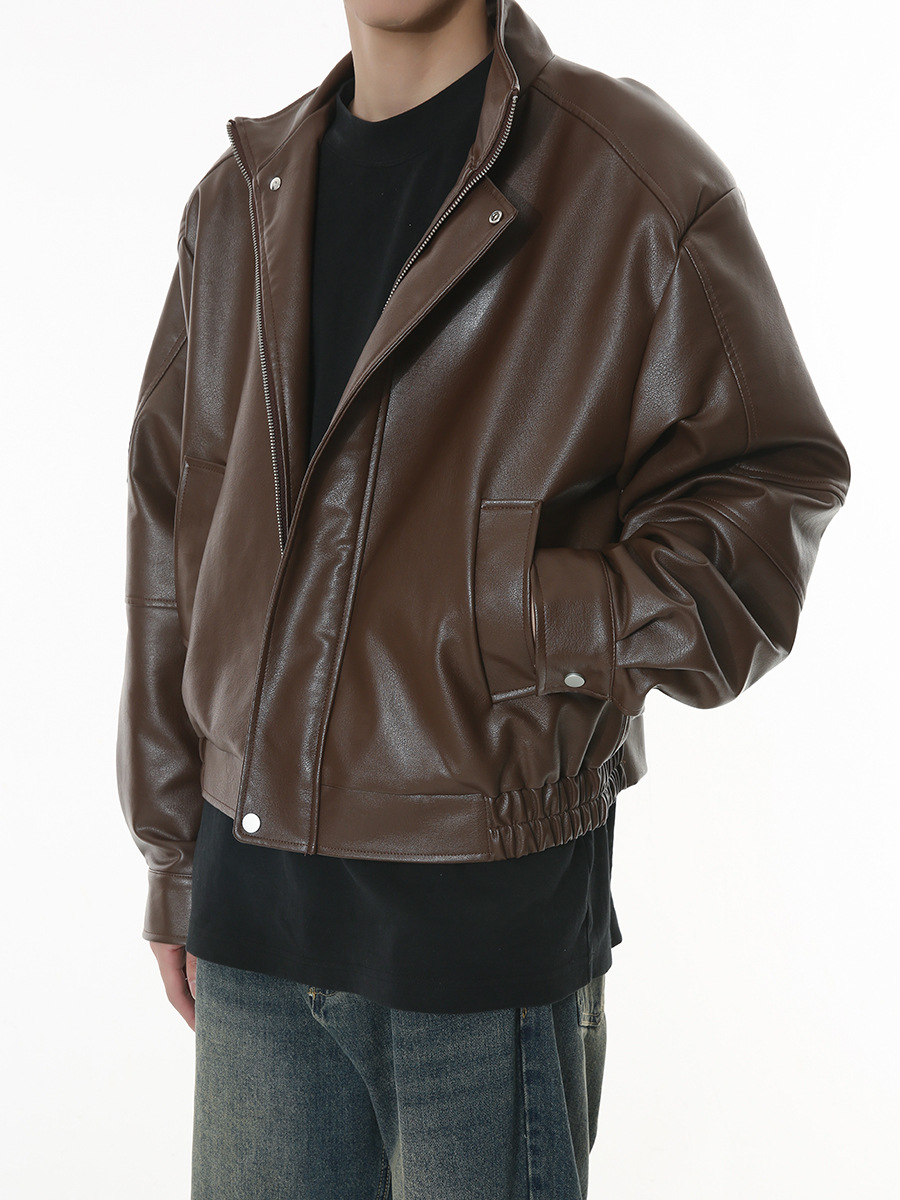 Ropa para hombre MTLCLOTHES | Chaqueta de cuero sencilla, acolchada, estilo retro de Hong Kong, moderna y versátil