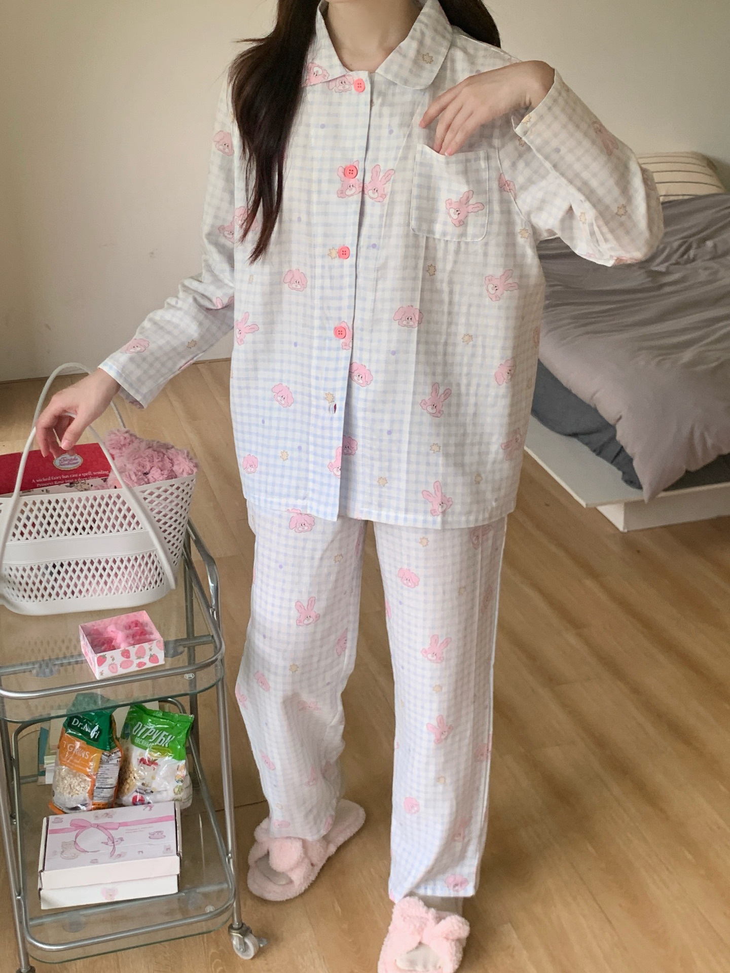격자 무늬 핑크 토끼