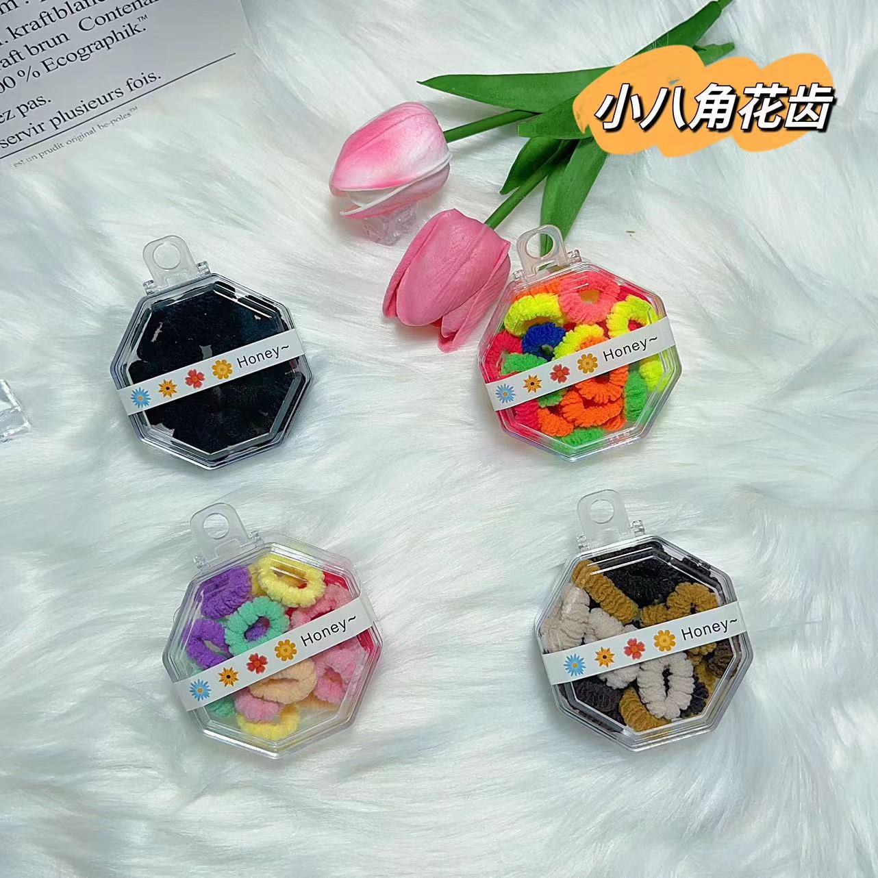 Anillo de pelo de diente de flor octogonal pequeño al por mayor para niños engrosado sin dañar el cabello, elástico, duradero, estilo princesa, anillo de toalla de color caramelo