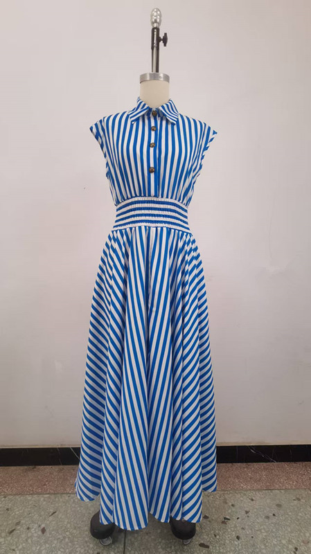 Women's Clothing Spring New Arrival Elegant Retro Striped Shirt Collar Short Sleeve Full Skirt Dress Fashion Waist Cinching American Style_ecoleips.com