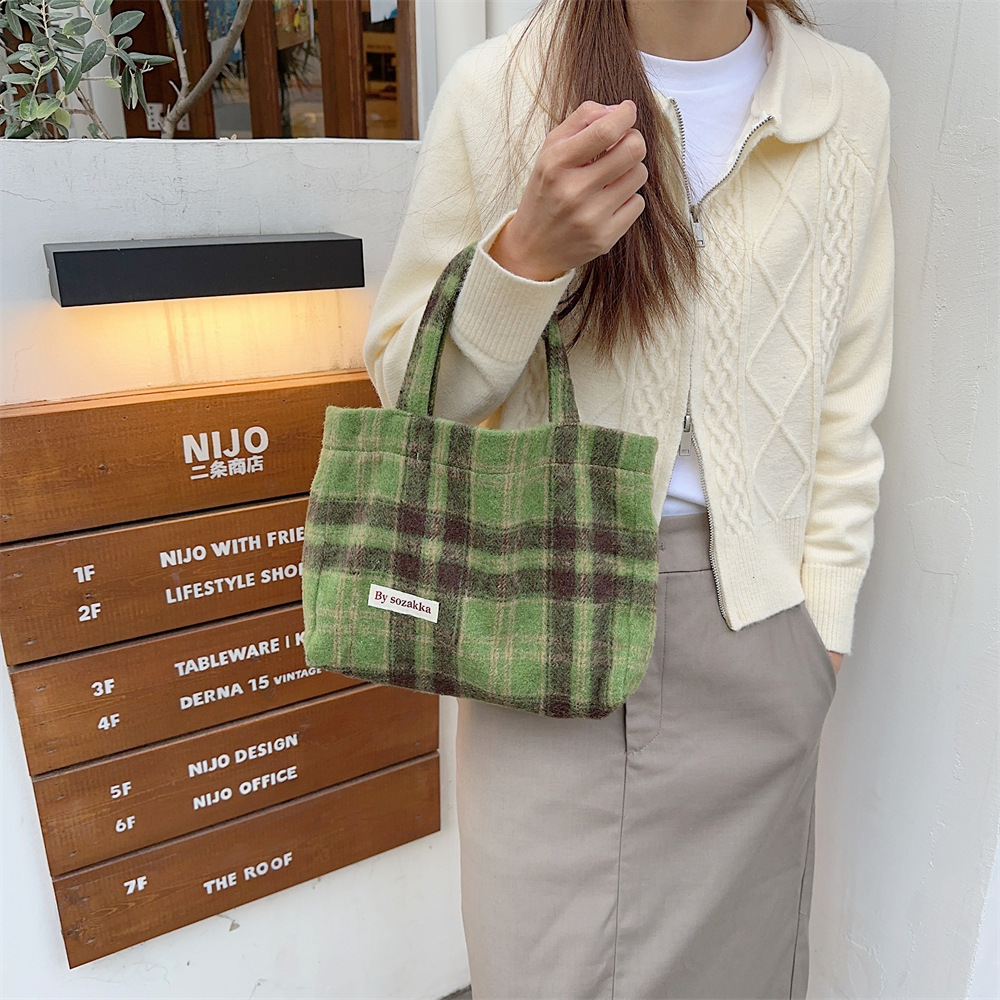 311021 Simple ins retro style woolen multi-color handbag for women, 2023 new checkered autumn and winter women's bag undefined