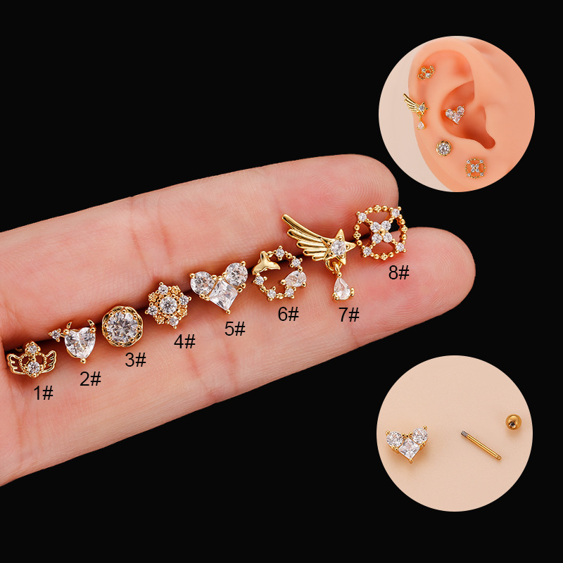 Fashion Heart Shape Copper Plating Inlay Zircon Ear Studs 1 Piece