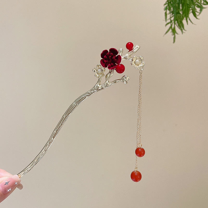 1 ¿ horquilla colgante de cuentas rojas de flores en paquetes - dorada (en bolsas)