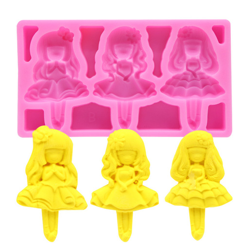 美少女硅胶翻糖模具 3个可爱女孩公主娃娃蛋糕巧克力烘培工具