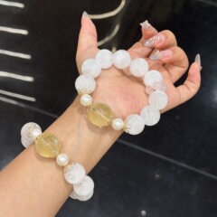天然爆彩白幽灵手链大颗粒黄水晶顶珠爆彩白幽灵粉水晶跑环手串