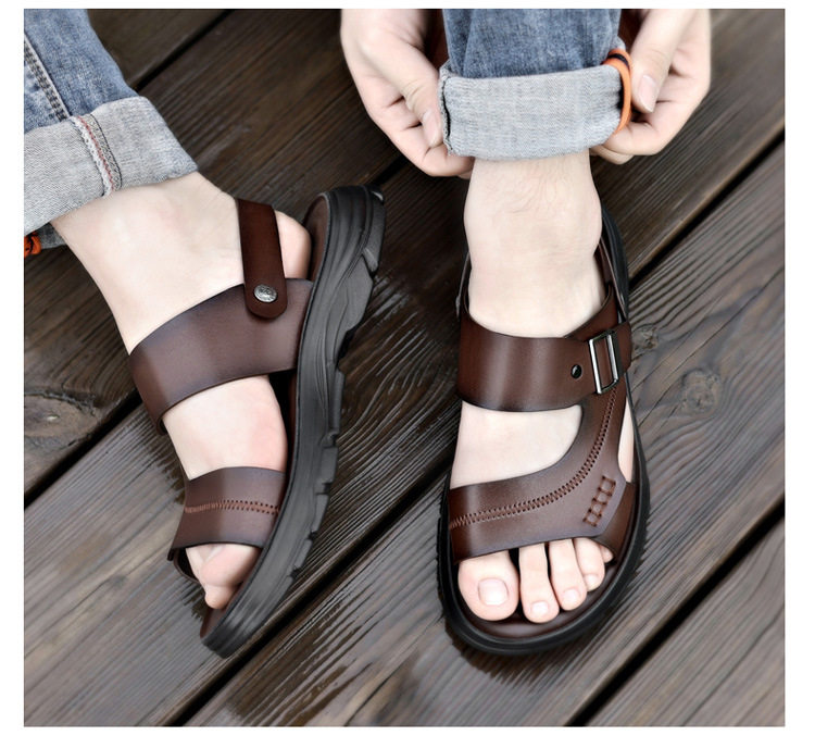 Dép sandal nam quai ngang đế bằng mềm nhẹ thoáng khí kiểu hai cách mang — Màu nâu, màu đen chi tiết 25