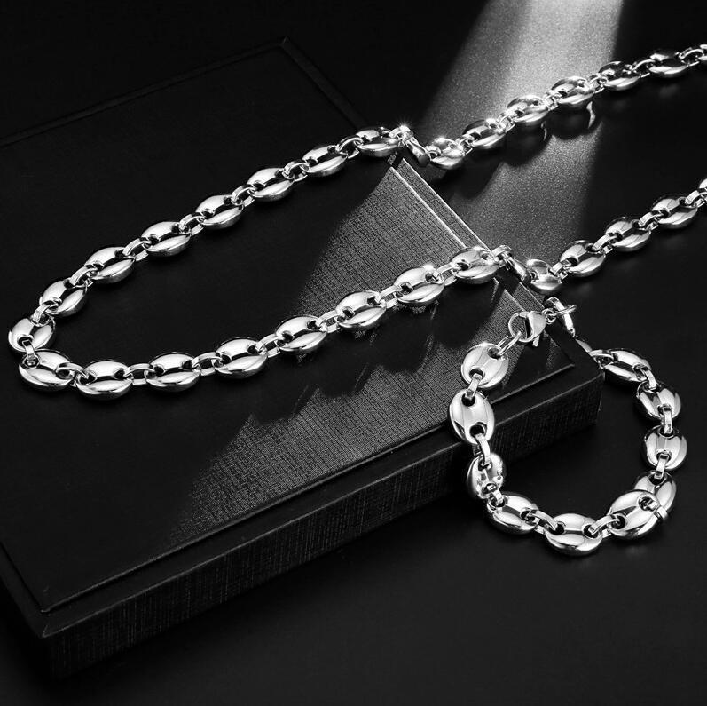 Edelstahl Kaffeebohnenketten Halskette Und Armband Set Silber_voghion.com