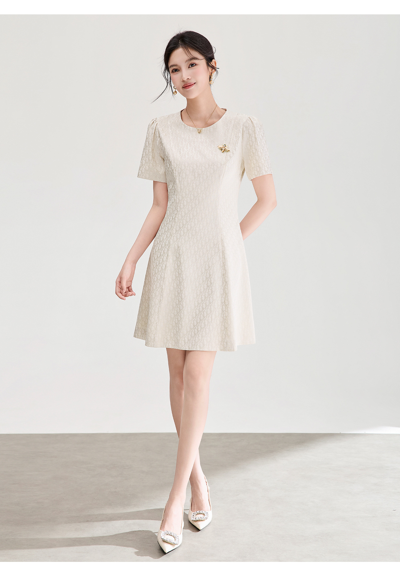 Đầm ngắn tay thắt eo jacquard kiểu dáng thanh lịch mùa hè — màu hồng chi tiết 17