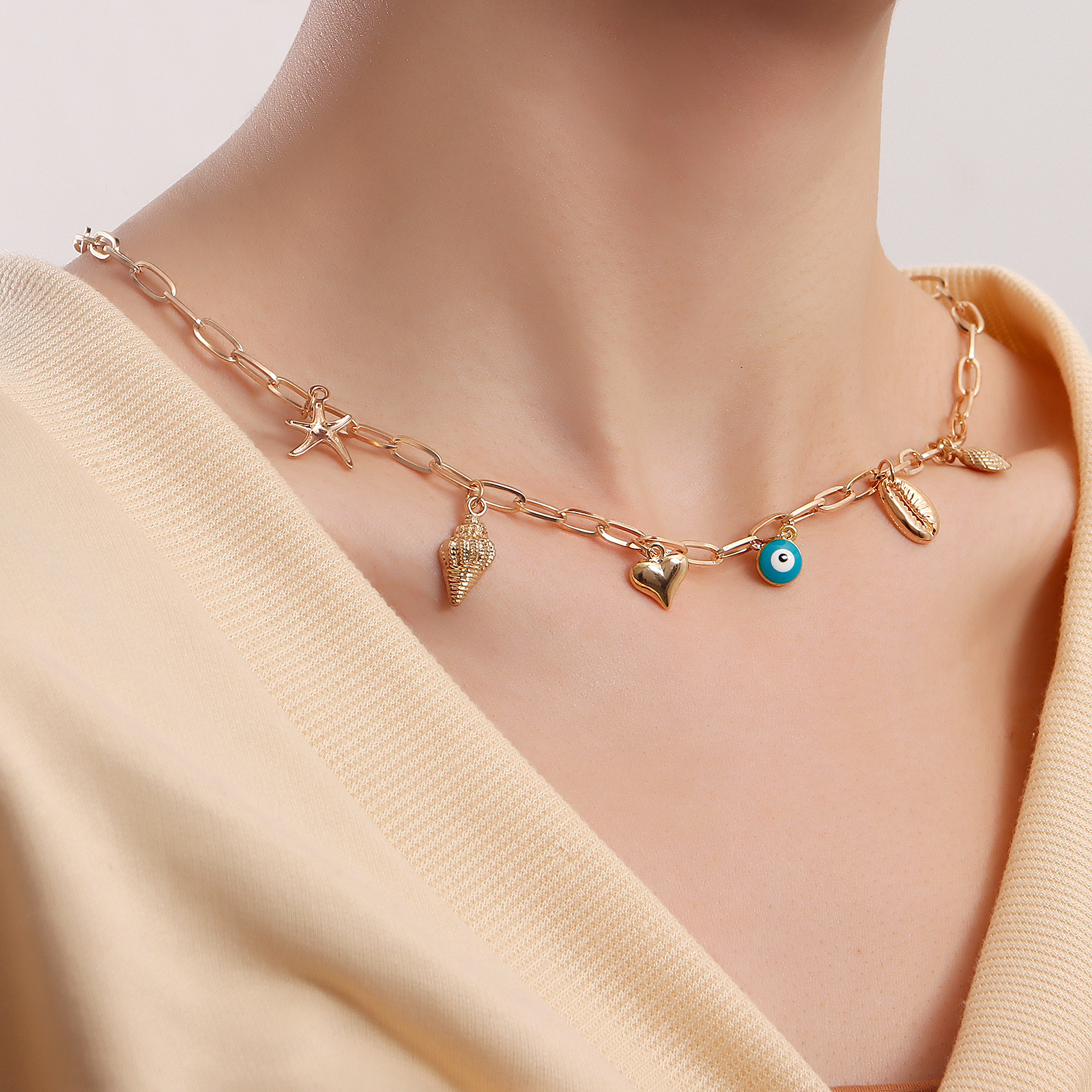 18g Weight Alloy Pendant Material Necklace Classification Alloy Chain Material 1 Piece Quantity Daily Occasion Alloy Material Devil's Eye, Starfish, Heart Shape Pattern Women's Gender Marine Style Style Marine Style Devil's Eye Starfish Heart Shape Alloy Wholesale Necklace 3