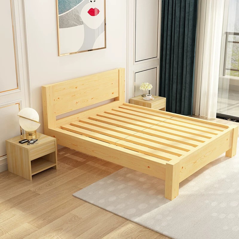 Simple Pine Wood Bed with Headboard, Solid Wood Bedroom Bed, Double Bed for Rental Housing/Home Use, Economical Bed in Natural Wood Style Simple Pine Wood Bed with Headboard, Solid Wood Bedroom Bed, Double Bed for Rental Housing/Home Use, Economical Bed in Natural Wood Style