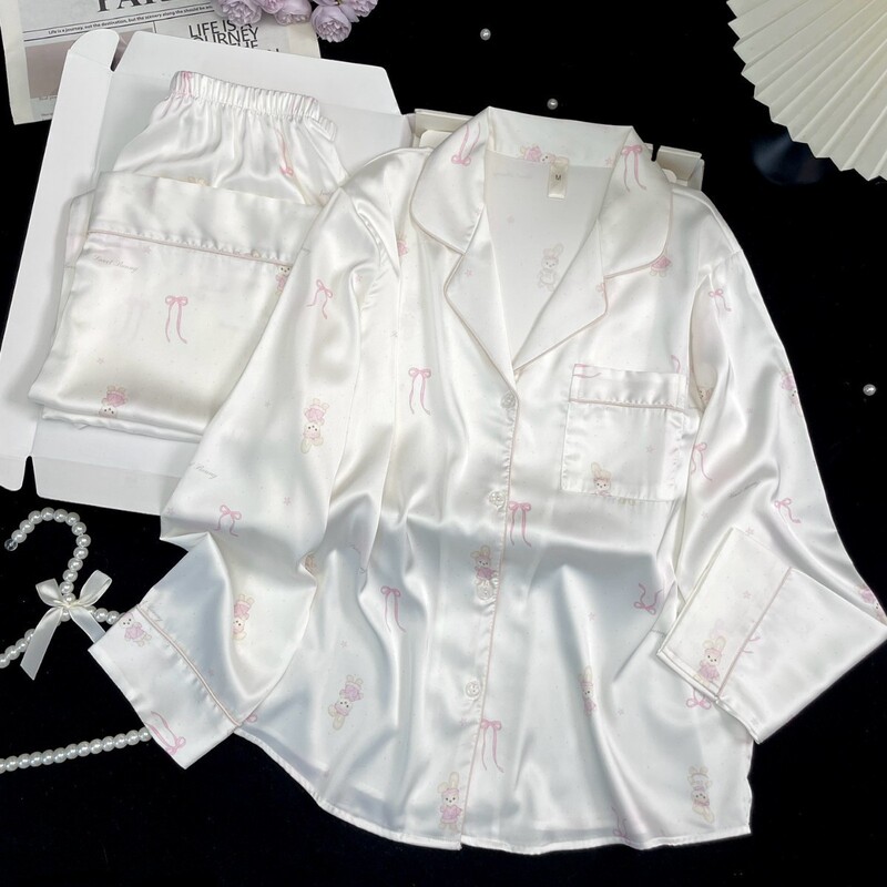 Happy Letter Cartoon Sweet and Cute Style Women's Pajamas Ice Silk Early Spring Comfortable Long-Sleeved Home Wear