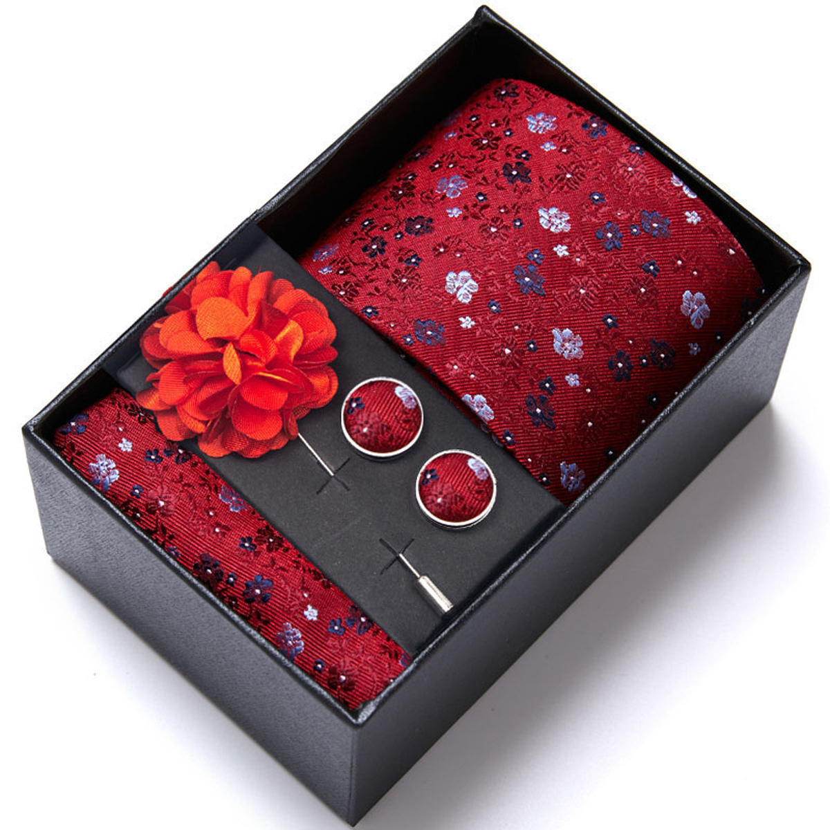 男性の新しい青いストライプのプリントネクタイのスカーフのカフスの胸の花のギフトボックスの包装の贈り物の佳品は祝日に適します。