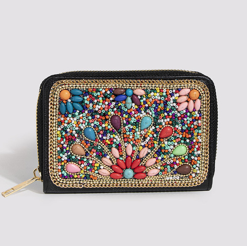 New Heavy Duty Bohemian Style Beaded Butterfly Flower Gorgeous PU Zipper Card Holder Small Wallet for Women