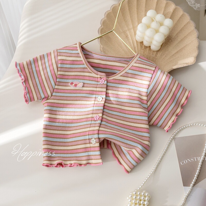 Girls' Summer Cardigan Korean Style Trendy Striped T-Shirt 2026 Summer Fashion Embroidered Patch Baby Short-Sleeve Top Trendy