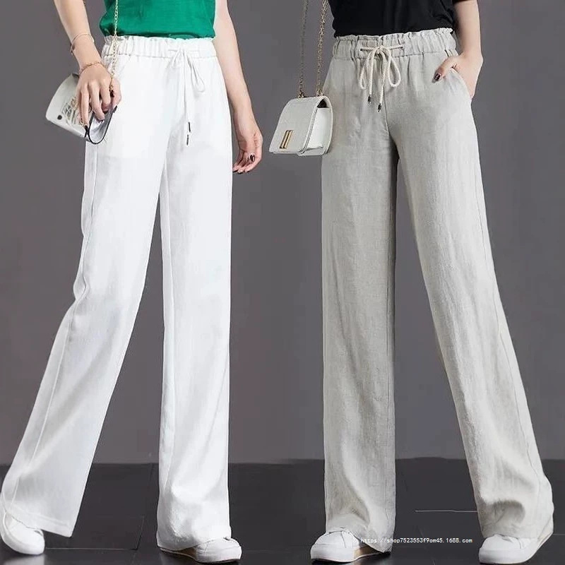 Cotton Blend Plus-Size Wide-Leg Pants for Women with Drawstring Elastic Waist, Cotton Blend Spring/Summer Women's Cropped Loose Drape Straight-Leg Pants Versatile