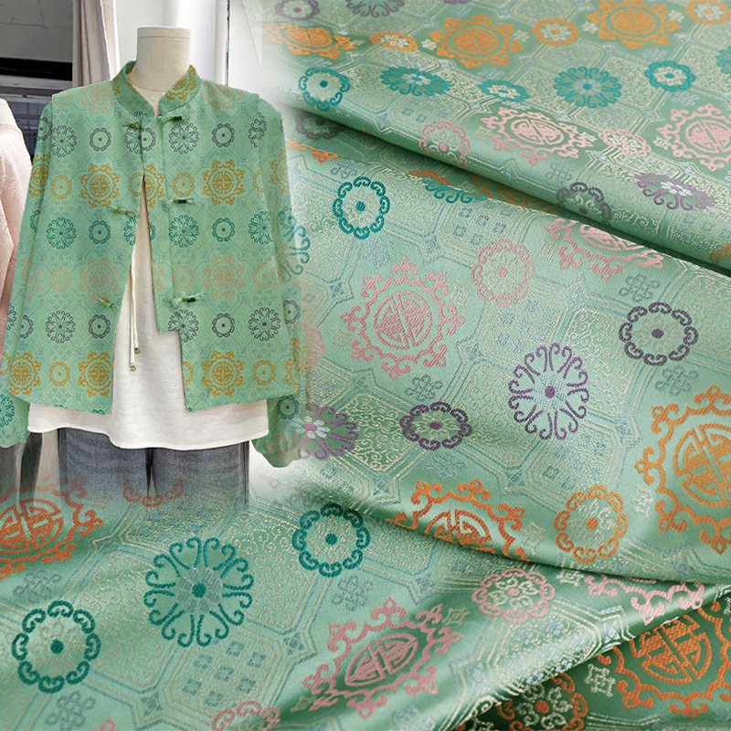 《祥云瑞气》国潮源头厂家中国风提花布料植物真丝连衣裙服装面料