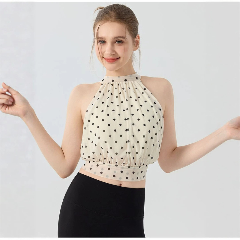 French-Style Polka Dot Sleeveless Yoga Tank Top with Halter Neck, Short Mesh Design, Fixed Cups, Sexy Outerwear Top for Women French-Style Polka Dot Sleeveless Yoga Tank Top with Halter Neck, Short Mesh Design, Fixed Cups, Sexy Outerwear Top for Women