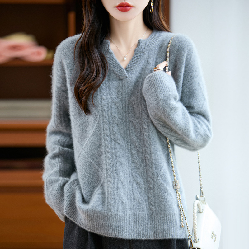 纯羊毛2025秋冬新女宽松v领套头加厚复古扭花打底针织衫外穿毛衣|undefined