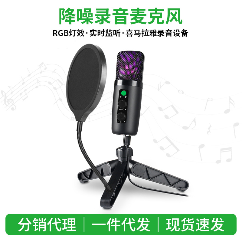 跨境私模USB电脑桌面麦克风RGB炫彩灯效手机配音专用电容有线话筒