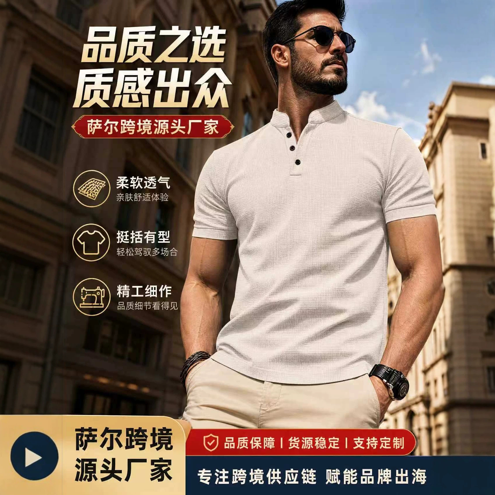Cross-border e-commerce, spot goods, AliExpress, Amazon, men's short-sleeved stand-up collar waffle fabric casual short-sleeved polo shirt