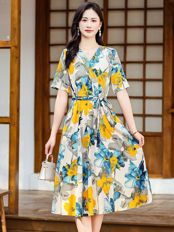 高端棉绸连衣裙新款夏季女妈妈时尚印花人造棉宽松大码外穿长裙子|undefined
