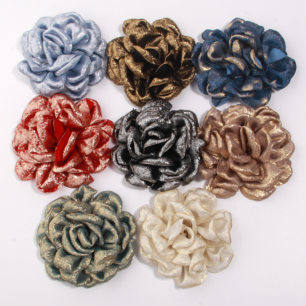 10cm vintage Hong Kong-style gold-embossed camellia flower accessory for DIY hair clips, hairpins, corsages, shoe and hat accessories