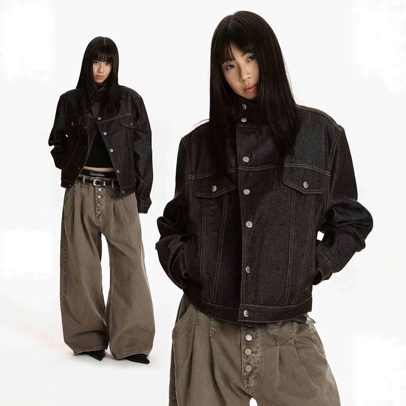 American retro high-end style stand-up collar black jacket, unisex, loose fit, casual, diagonal placket, short workwear jacket