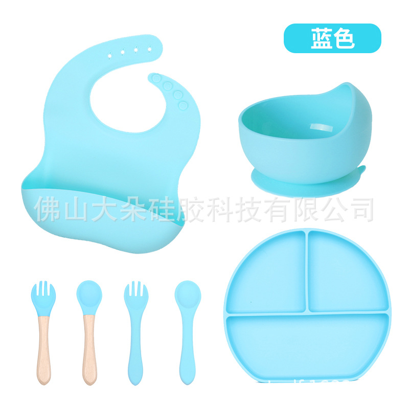 Precio bajo de la fábrica libre combinación de silicona bebé placa niños suplemento alimenticio tazón cuchara taza de agua babero traje