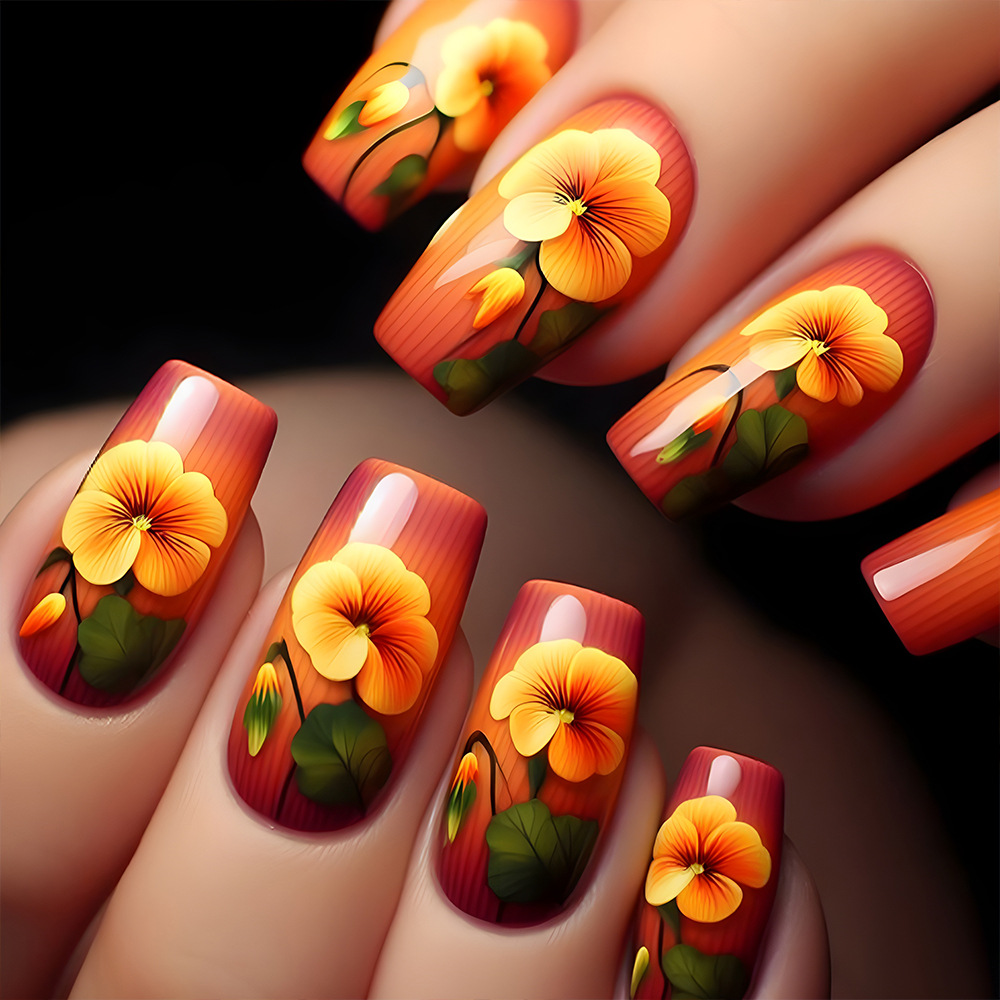 Ventas transfronterizas en caliente largo trapezoidal desgaste de uñas flores brillantes frescas y pastílicas 24 piezas de parche de uñas terminadas