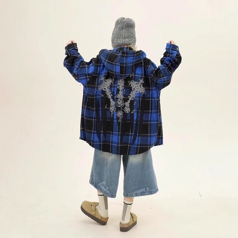 2025 Amazon European and American Export New Flannel Plaid Long-Sleeved Shirt Autum Hooded Jacket for Men and Women