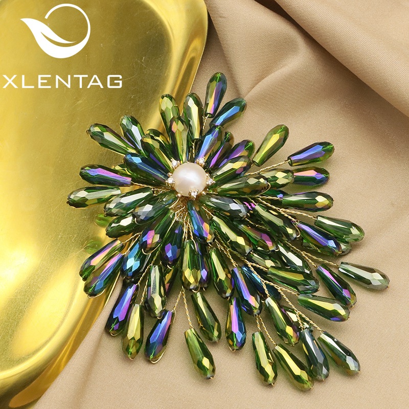 Broche de perlas naturales de alta calidad de nicho azul-verde Chapado en color de doble uso broche de alta gama estilo retro Chanel venta al por mayor