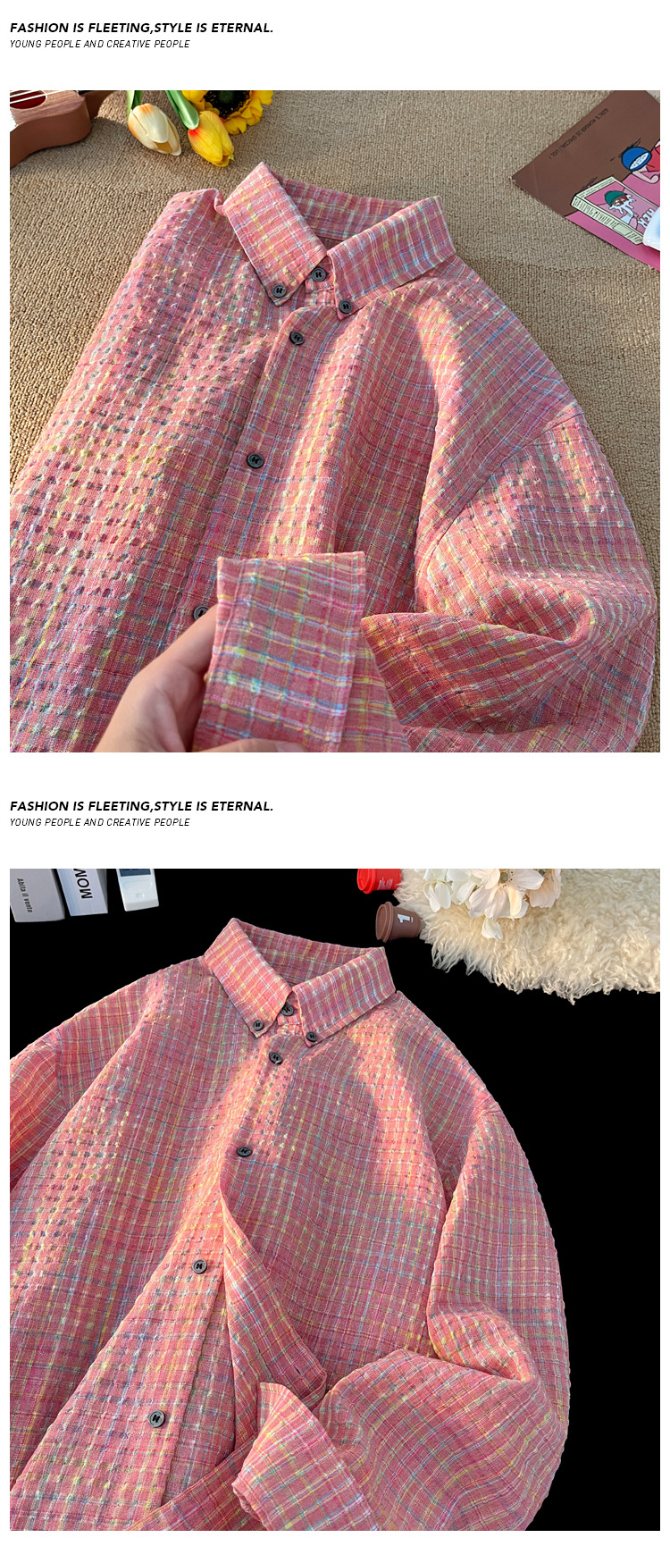 Checked Bubble Gauze Long Sleeve Shirt For Men Retro Style_voghion.com