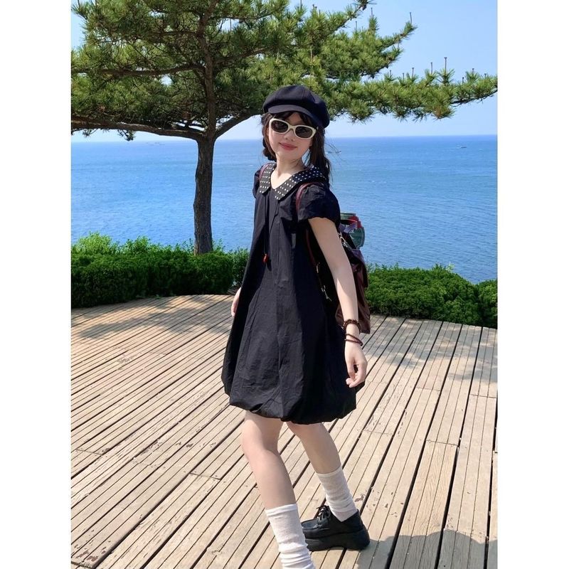 日系甜美小清新学院风娃娃领花苞裙女夏季小个子穿搭宽松连衣裙子|undefined