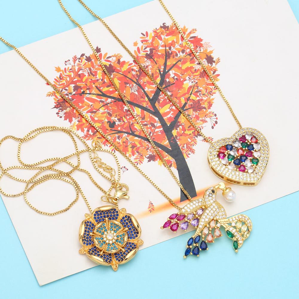 Fashion Heart Shape Bird Copper Pendant Necklace Inlay Zircon Copper Necklaces