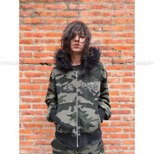 Punk Camouflage Plush Hat with Zipper Sweatshirt and Sweatpants Set Long-Sleeve Hooded Sweatshirt Retro Jacket