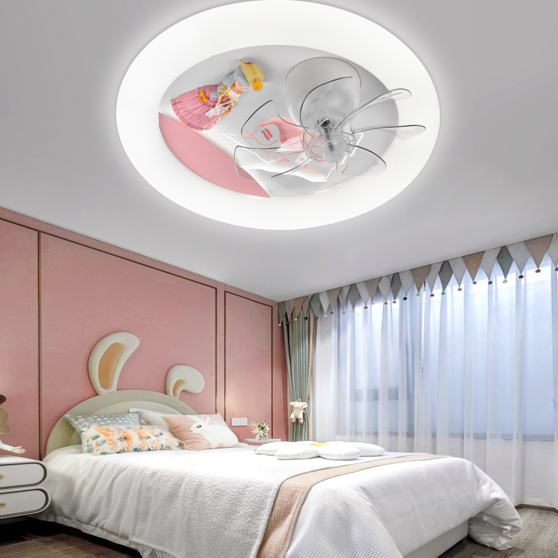 360 grados sacudiendo la cabeza lámpara de ventilador habitación de los niños lámpara de techo chica moda creativa dormitorio led cálido cambio de luz de tres velocidades