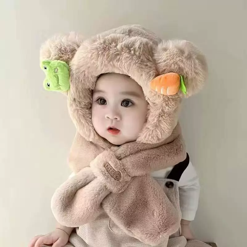 秋冬季儿童毛绒帽子围巾一体男女童可爱毛绒保暖围脖加厚宝宝婴儿