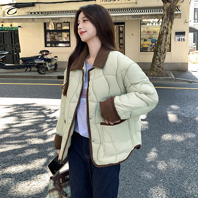 Moda coreana de color contrastante de lana de lana empalmada abrigo de algodón de invierno femenino retro suelto delgado abrigo de algodón cálido image 1