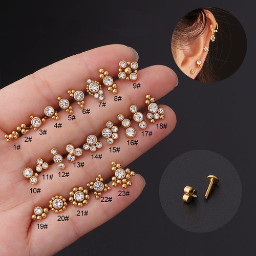 Stainless steel welded ball inlaid with diamond 1.2*6/8mm inner tooth lip nail earrings piercing jewelry punk piercing jewelry