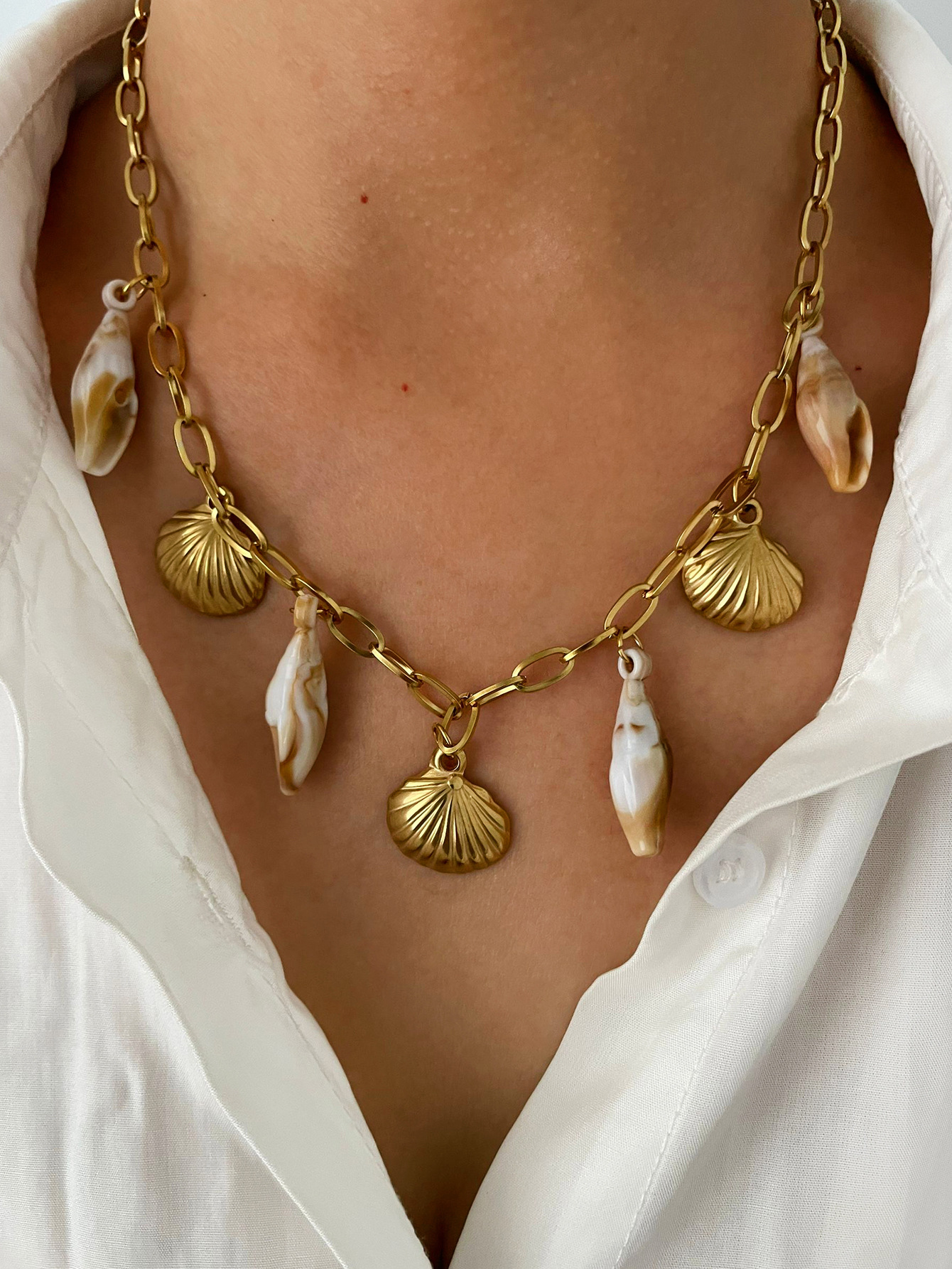 Holiday, Banquet, Travel Occasion 316L Stainless Steel Vacuum Plating Shell Geometric Ocean Conch Waterproof Non Tarnish Surgical Steel Exaggerated Cable Chain Charms Necklace For Women's